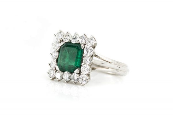 1.43 Natural Colombian Emerald and Diamond Square Cluster Ring; 1.43ct octagonal-cut emerald surrounded by 1.12cts diamonds, in 18ct white gold, with GCS Certificate