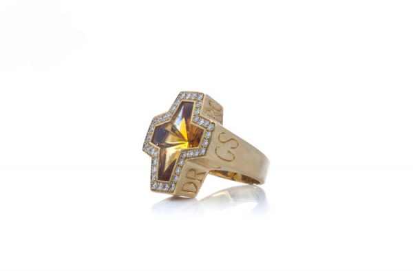 Stephen Webster Sex Drugs Rock and Roll Citrine and Diamond Ring, Made in London 2006, Fully hallmarked 18ct yellow gold