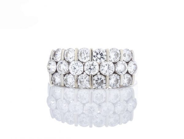 Vintage 3.80ct Diamond Dress Ring; set with three horizontal rows of brilliant cut diamonds, 3.80 carat total, 18ct white gold, Circa 1970's.