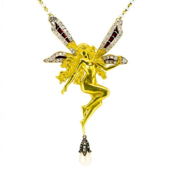 Antique Art Nouveau Fairy Diamond, Pearl and Plique-à-jour Necklace