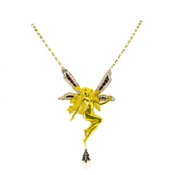 Antique Art Nouveau Fairy Diamond, Pearl and Plique-à-jour Necklace