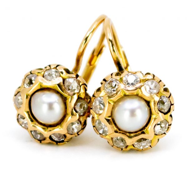 Antique Style Pearl and Old Mine Cut Diamond 18ct Gold Earrings