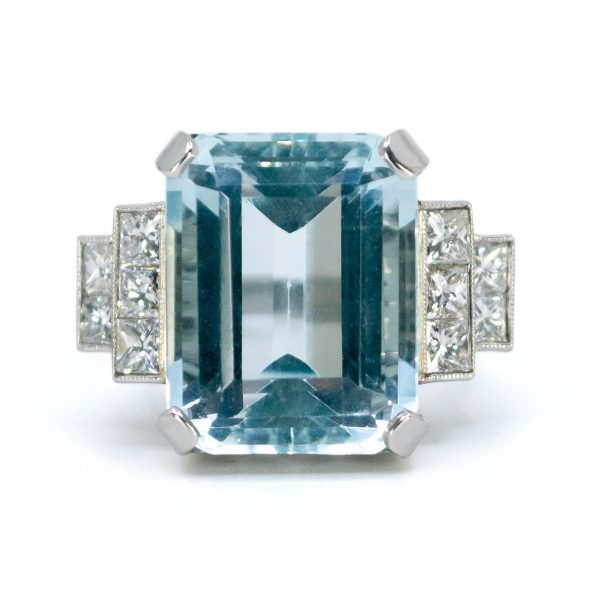 Art Deco Style 9.51ct Aquamarine and Diamond Platinum Ring