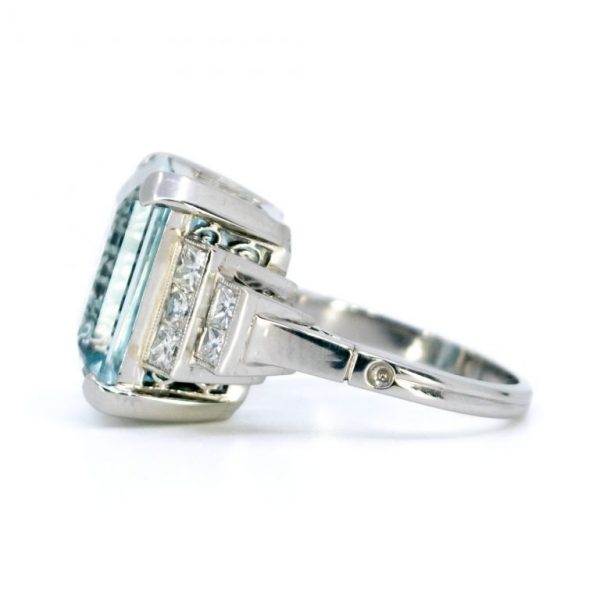 Art Deco Style 9.51ct Aquamarine and Diamond Platinum Ring