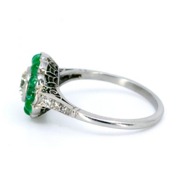 Art Deco Style Old European Cut Diamond and Emerald Platinum Ring