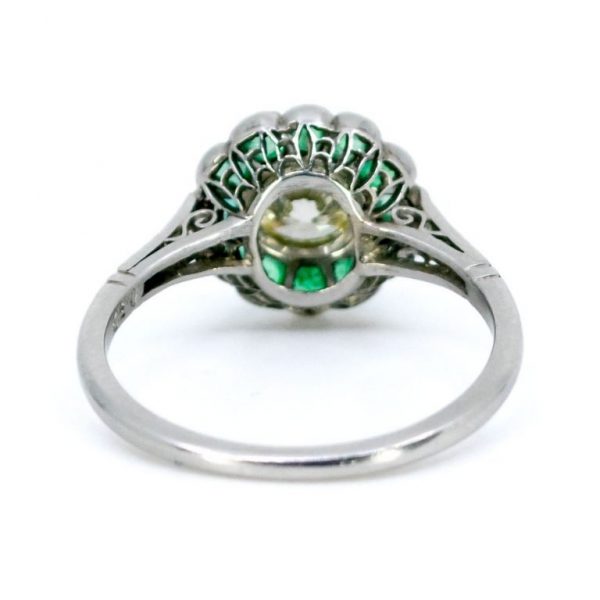 Art Deco Style Old European Cut Diamond and Emerald Platinum Ring