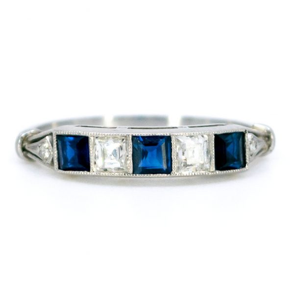 Art Deco Style Sapphire and Diamond Platinum Five Stone Ring