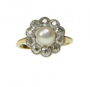 Edwardian Antique Natural Pearl and Diamond Cluster Ring