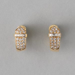 Contemporary 1.36ct Diamond set 18ct Yellow Gold Buckle Clip Earrings, 1.36 carat total, Master mark: DM for David Morris, England, 1990