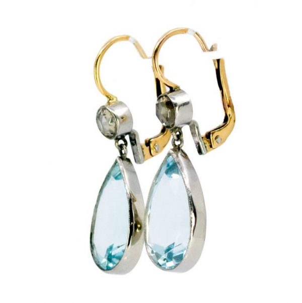 Vintage Aquamarine and Rose Cut Diamond Gold Earrings