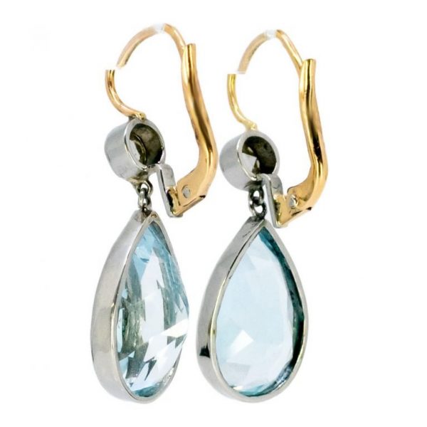 Vintage Aquamarine and Rose Cut Diamond Gold Earrings