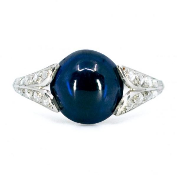 Vintage Cabochon Sapphire and Diamond Platinum Ring