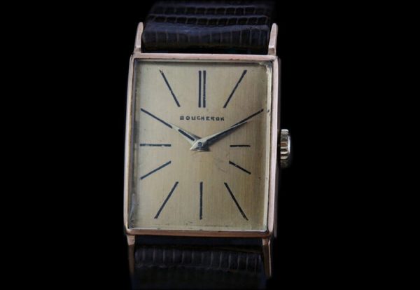 Boucheron Vintage 18ct Yellow Gold Manual 20mm Watch with Omega Movement ref 9837468, golden face, leather strap, Circa 1960s