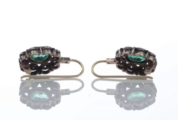 Antique Victorian 2ct Emerald and Diamond Oval Cluster Drop Earrings, in silver and gold. Circa 1870s