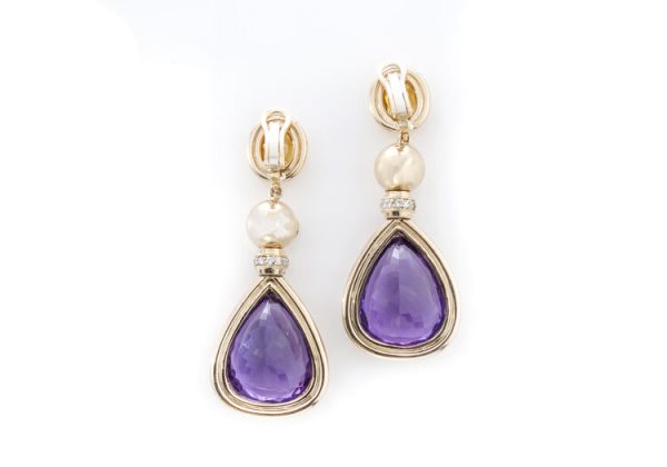 Vintage French Amethyst, Diamond and Citrine Clip On Drop Earrings, in 18ct yellow gold, Circa 1970s