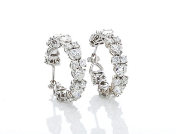 Heart Cut Diamond and 18ct White Gold Hoop Earrings; set with heart-cut and round brilliant-cut diamonds, 6.70 carat total. Circa 2000's
