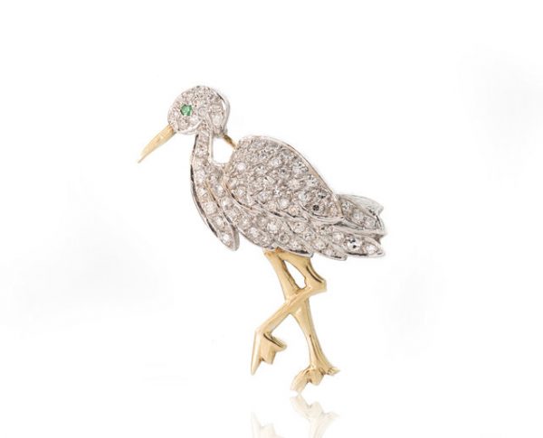 Vintage Diamond and 18ct Yellow Gold Stork Bird Brooch; set with round brilliant-cut diamonds, 1.24 carat total, Made in England, London 1989