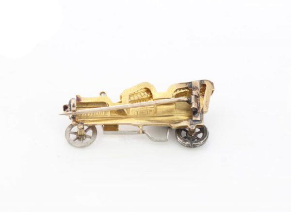 Antique Victorian Diamond, Ruby and 15ct Yellow Gold Car Automobile Brooch; set with a rose cut diamond and ruby, in silver and gold, Made in England, Circa 1880