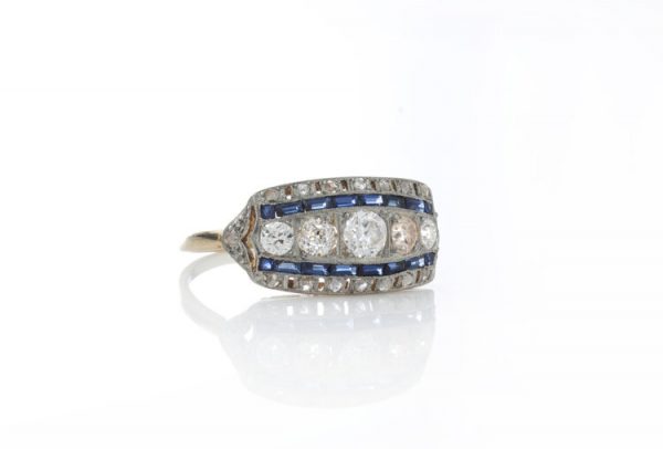 Art Deco Old Cut Diamond and Sapphire Dress Ring, in platinum and 18ct yellow gold, Circa 1920s