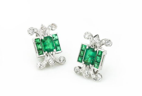 3.80ct Natural Colombian Emerald, Diamond and Platinum Earrings, central emerald panel decorated by diamond-set fleur-de-lis. With Certificate