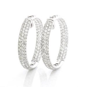 Diamond Hoop Earrings; featuring three rows of brilliant-cut diamonds, 8.19 carat total, in 18ct white gold with pierced heart detailing