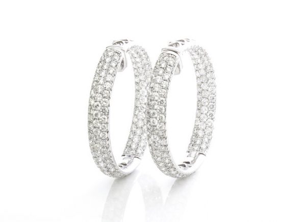 Diamond Hoop Earrings; featuring three rows of brilliant-cut diamonds, 8.19 carat total, in 18ct white gold with pierced heart detailing