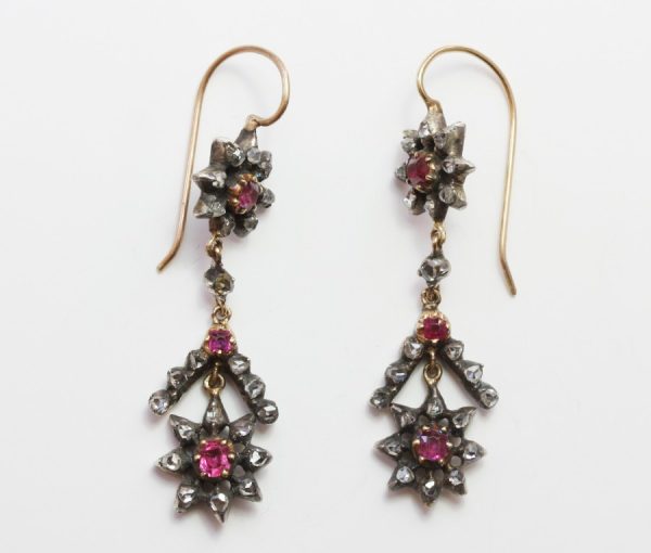 Antique Georgian Ruby and Rose Cut Diamond Drop Earrings; pair of giardinetto earrings set with rose cut diamonds and rubies, set in silver with gold hooks