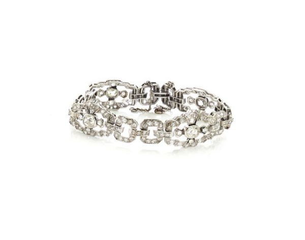 Art Deco 5.89ct Diamond and Platinum Bracelet; geometric square links set with 117 old European-cut diamonds totalling in excess of 5.00 carats