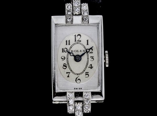 Rolex Art Deco Platinum Ladies Cocktail Watch Set With Rose Cut Diamonds, 15mm white face, Arabic numerals, manual movement, case hallmarked R.W.C Rolex Watch Company & Platinum, Circa 1930s