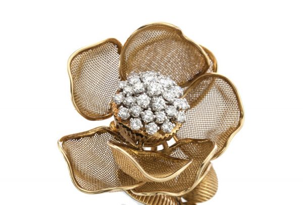 Vintage Cartier Diamond and Gold Rose Flower Moveable Brooch, with articulated petals, 2.25 carat total, Made in France, 1955