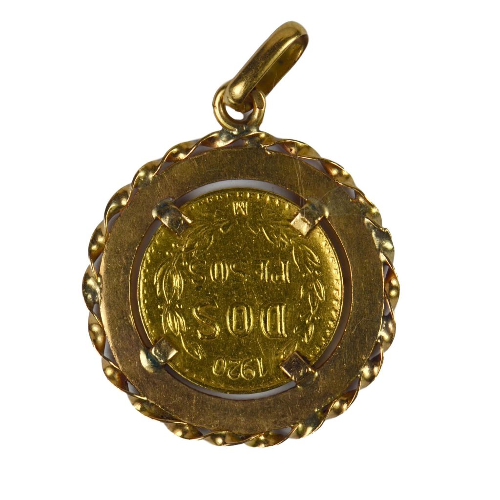 Mexican 1920 Dos Pesos Yellow Gold Coin Charm Pendant