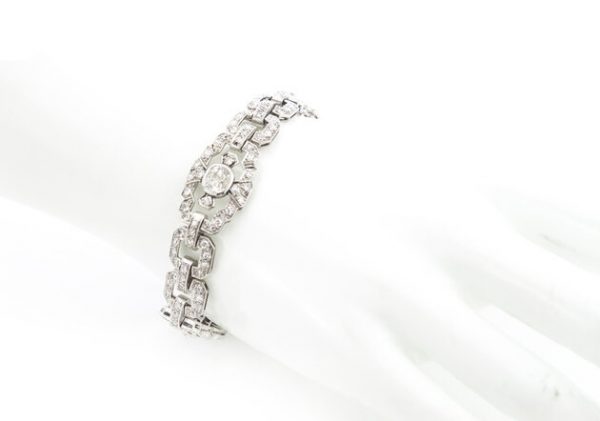 Art Deco 5.89ct Diamond and Platinum Bracelet; geometric square links set with 117 old European-cut diamonds totalling in excess of 5.00 carats