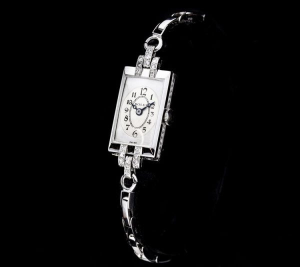 Rolex Art Deco Platinum Ladies Cocktail Watch Set With Rose Cut Diamonds, 15mm white face, Arabic numerals, manual movement, case hallmarked R.W.C Rolex Watch Company & Platinum, Circa 1930s