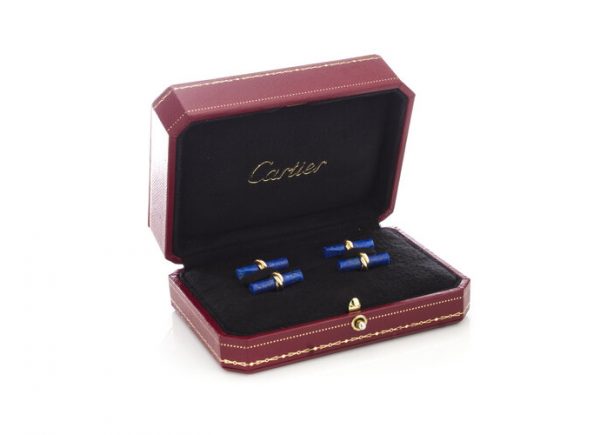 Cartier Lapis Lazuli and 18ct Yellow Gold Cufflinks; lapis lazuli bars enveloped by tri-colour gold twists, connected by 18ct yellow gold, original Cartier box