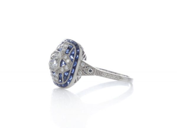 Art Deco Style 0.80ct Sapphire, Diamond and Platinum Cluster Cocktail Ring, Circa 1980s