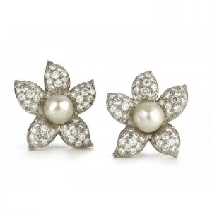 Vintage Natural Pearl and Diamond Flower Earrings; central 10mm natural pearls surrounded by 11.00 carats pavé set diamond petals. Circa 1950