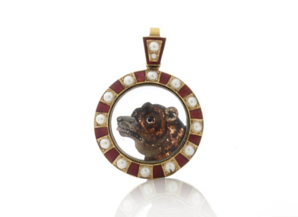 Antique Victorian Essex Crystal, Pearl, Enamel and 15ct Gold Bear Pendant; Essex crystal bear within circular frame decorated with freshwater pearls and enamel