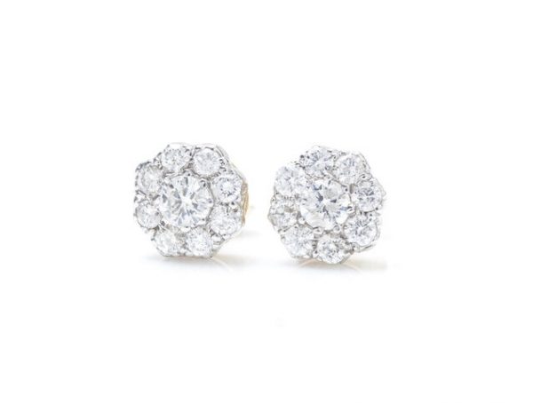 Vintage 1.62ct Diamond Floral Cluster Stud Earrings; classic pair of diamond flower cluster stud earrings, in 18ct yellow gold, Circa 1970s