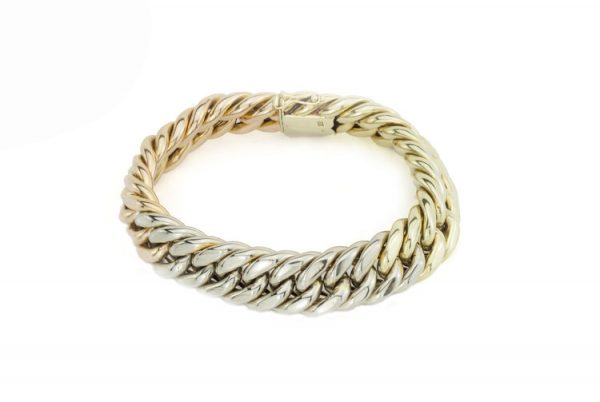 Vintage 14ct Tri Colour Gold Gents Cuban Bracelet; chunky Men's link bracelet crafted from 14ct yellow, white and rose gold, Circa 1990's
