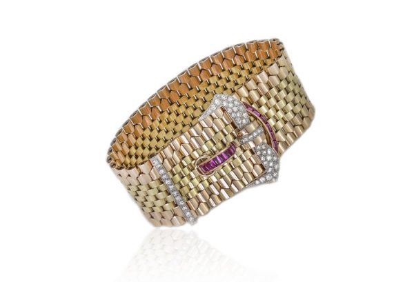 Vintage Tiffany and Co 18ct Gold Belt Buckle Style Bracelet set with 1.20cts diamonds and 0.56cts rubies. Circa 1940s.