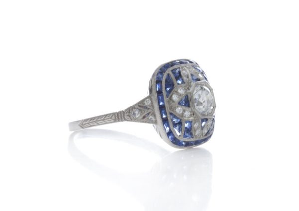 Art Deco Style 0.80ct Sapphire, Diamond and Platinum Cluster Cocktail Ring, Circa 1980s