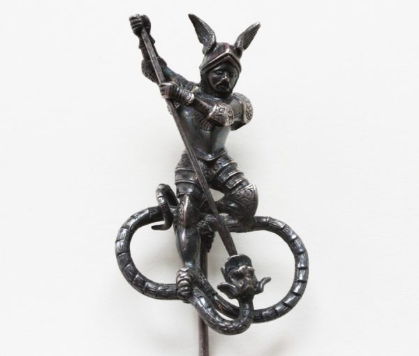 Art Nouveau Perseus and The Dragon Silver Stickpin Brooch; Perseus wearing Minerva’s winged hat in fight with dragon to free Andromeda, Circa 1900