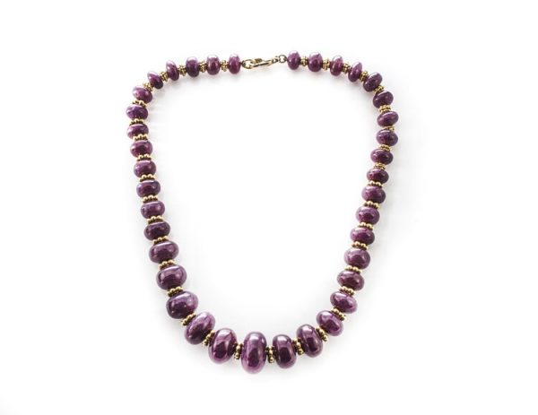 Vintage French Natural Ruby and 18ct Yellow Gold Beaded Necklace, Hallmarked with eagles head the French standard for 18ct gold, Circa 1950s