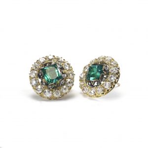 19thC Colombian Emerald and Diamond Cluster Stud Earrings, Circa 1880