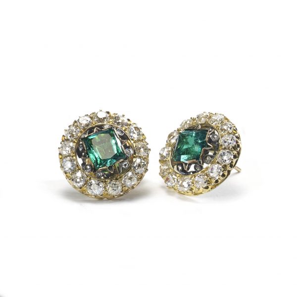 19thC Colombian Emerald and Diamond Cluster Stud Earrings, Circa 1880