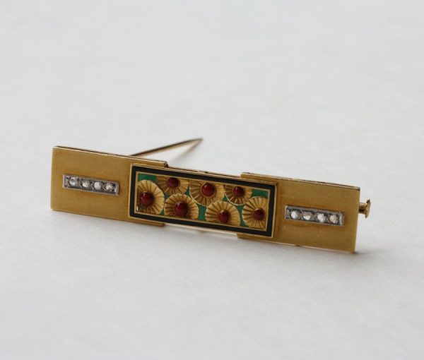 Art Deco French Enamel, Diamond and 18ct Gold Yellow Poppy Bar Brooch; red enamel and green plique a jour flower panel, black enamel frame, flanked by rose cut diamonds set in platinum