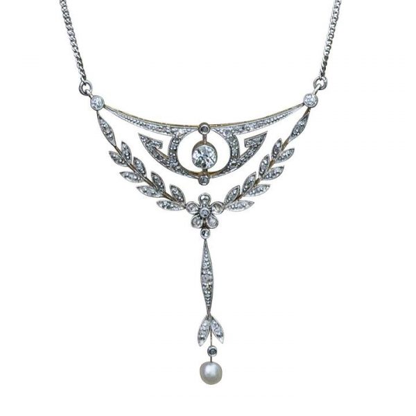 Antique Edwardian Diamond and Pearl Floral Drop Pendant Necklace; openwork floral panel set with diamonds, diamond and pearl drop, 15ct gold and platinum