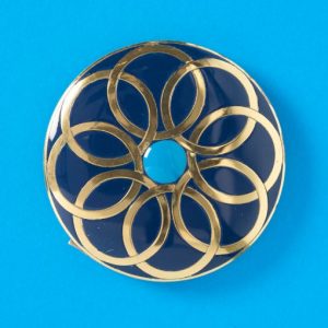 Vintage French 1970s Blue and Turquoise Enamel Compact Mirror, with circle motifs of blue and turquoise enamel, original velvet case, Signed