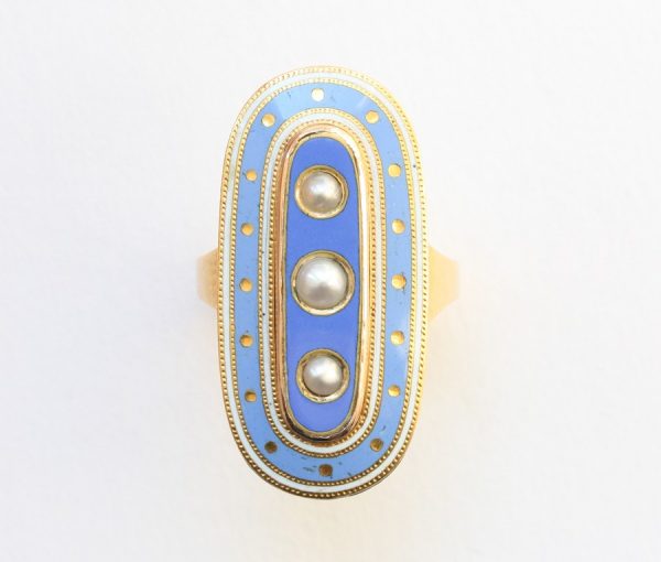 Antique Georgian Blue Enamel, Natural Pearl and 18ct Yellow Gold Oval Mourning Ring, engraved on reverse, England, 18th century.