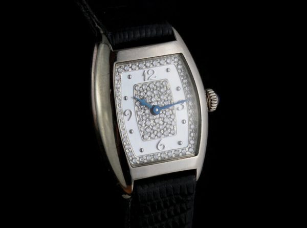 Franck Muller 18ct White Gold and Diamond 20mm Ladies Quartz Watch, diamond dial and buckle, mother of pearl face, black leather strap, Circa 2000s